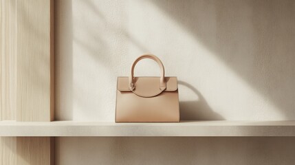Fototapeta premium Beige leather handbag on wooden shelf minimal style.