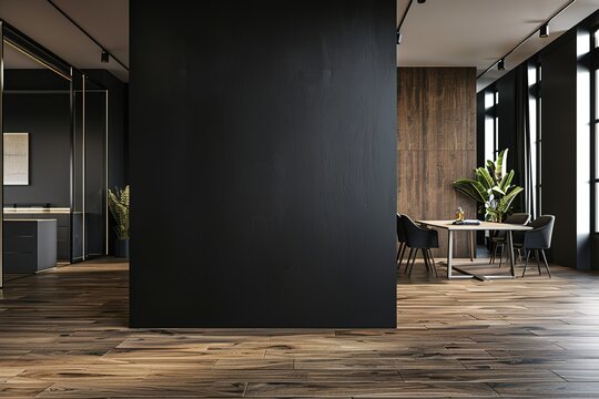 Blank black partition with place for advertising poster or logo in modern interior design spacious office hall with conference table, wooden floor and dark wall background. 3D rendering, mock up