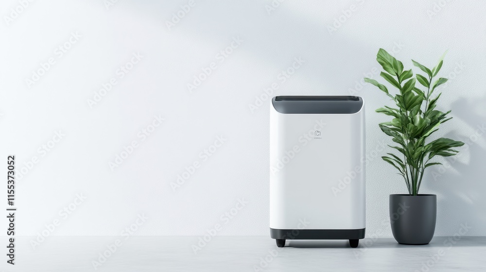 Poster an energy-efficient dehumidifier with a minimalistic design, placed against a white backdrop with sp