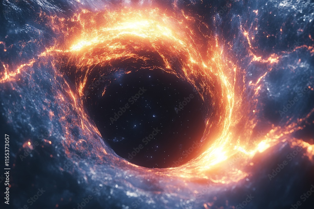 Poster an awe-inspiring depiction of a cosmic vortex, glowing with intense orange light as it swirls in the