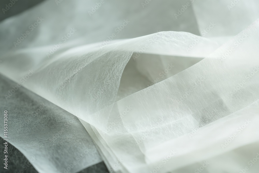Poster Several delicate, translucent sheets are layered atop one another, creating a soft and ethereal visual with light playing through the thin material surfaces.