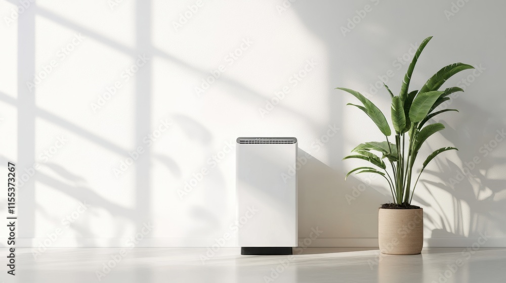 Poster an energy-efficient dehumidifier with a minimalistic design, placed against a white backdrop with sp