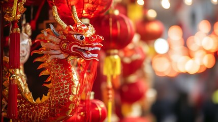 Fototapeta premium Vibrant Chinese New Year Decorations with Golden Dragon and Red Lanterns : Generative AI