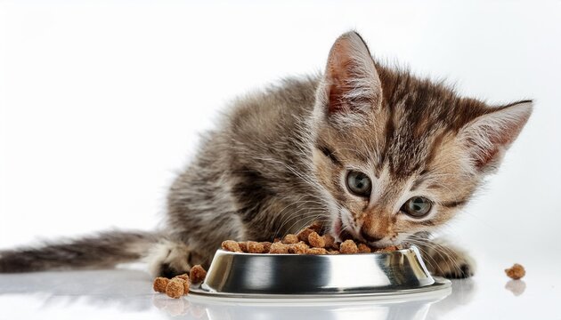 chaton de 7 semaines mangeant fond blanc