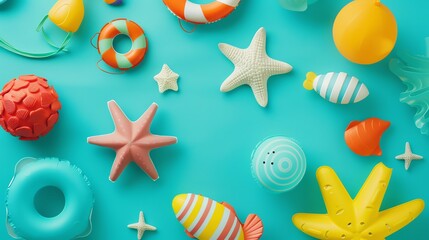 A flat lay of colorful beach toys against a turquoise background.