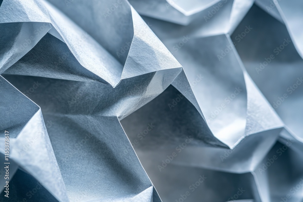 Poster an image showcasing the detailed geometric folds of blue paper, highlighting intricate patterns that