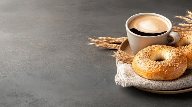 A steaming cup of coffee accompanies two bagels on a rustic plate, creating a homely and comforting breakfast scene perfect for a warm and inviting morning.