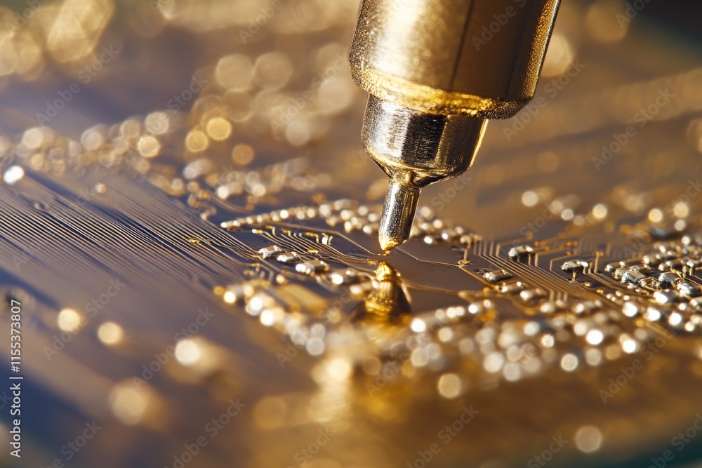 Poster detailed view of a circuit board showcasing intricate electronic pathways with a metallic gold tone,