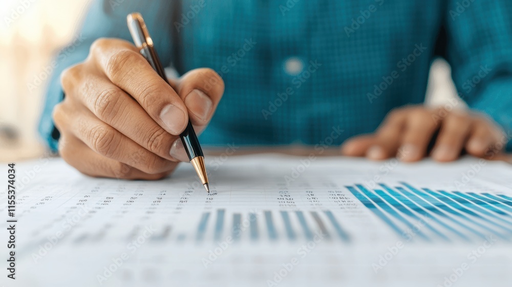 Poster businessman examining financial charts and data using a pen, indicating detailed analysis and strate