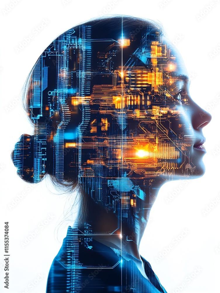 Aufkleber futuristic digital art of woman's face with circuitry integration : generative ai