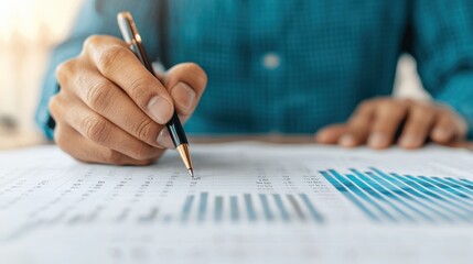 Businessman examining financial charts and data using a pen, indicating detailed analysis and strategic planning in a corporate setting