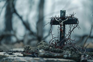 Crucifixion Of Jesus Christ. Cross With three Nails And Crown Of Thorns on ground