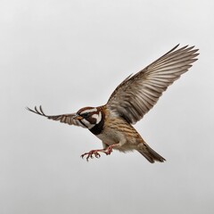 Obraz premium A sparrow in flight, wings spread wide, isolated on a white background.