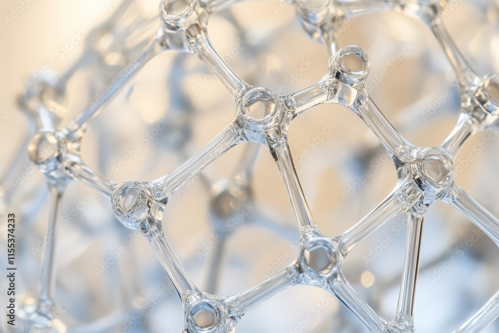 Poster a detailed macro shot of interconnected hexagonal shapes forming a clear crystal framework with ligh