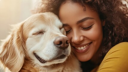 A tender moment captured between a woman and her golden retriever, both exuding contentment and warmth, symbolizing deep bonds and unconditional love.