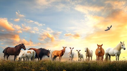 Idyllic Sunset on Pastoral Landscape with Horses and Grazing Cows in Meadow : Generative AI
