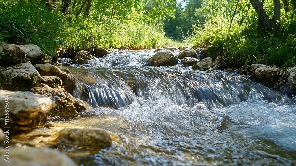 Poster Clear Flowing Stream Amidst Lush Greenery in a Serene Forest Setting on a Bright Sunny Day : Generative AI