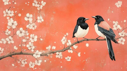 Two birds perched on a branch adorned with blossoms, set against a soft orange background, creating a serene and romantic atmosphere.