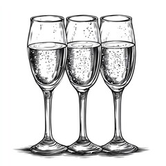 Three elegant champagne glasses filled with sparkling liquid, showcasing bubbles and a refined design, perfect for celebrations.