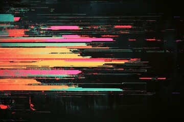 Abstract glitch art background with vibrant horizontal stripes of pink, orange, and teal on a dark background.