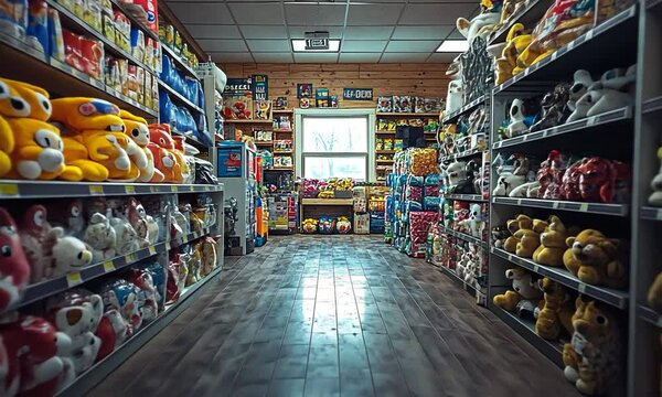 A colorful aisle in a pet supply store filled with products.