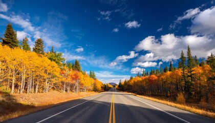 Fototapeta premium a rural us of a road runs among autumn timber against a blue sky and white clouds