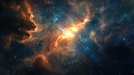 Cosmic Nebula with Bright Orange and Blue Gas Clouds