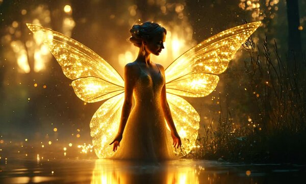 A glowing fairy silhouette by a shimmering water surface.