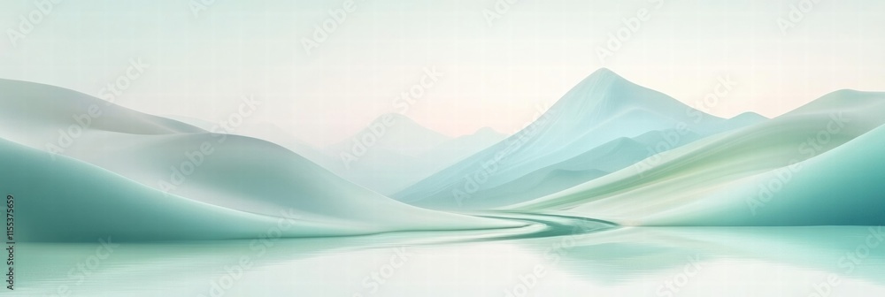 Fototapete Mountain range with a winding river showcasing minimalist design and ample space for text elements. Generative AI