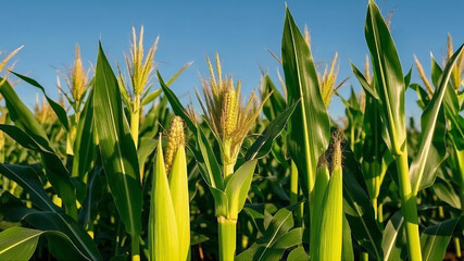 Obraz premium A corn field with green leaves