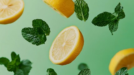 Fresh yellow lemons and vibrant green mint leaves floating on bright green background, lemonade ingredients, summer refreshment, juicy fruits, sour taste