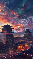 Obraz premium Watercolor traditional building fireworks illustration poster background