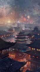 Watercolor traditional building fireworks illustration poster background