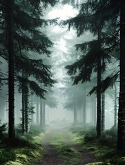Obraz premium Mystical Foggy Forest with Tall Trees and a Pathway Leading Into the Unknown : Generative AI