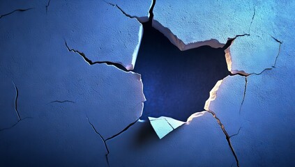 3D Hole in Wall with Ripped Paper on Dark Blue Background