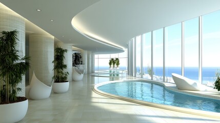 Fototapeta premium Modern luxury infinity pool interior design with panoramic ocean views.