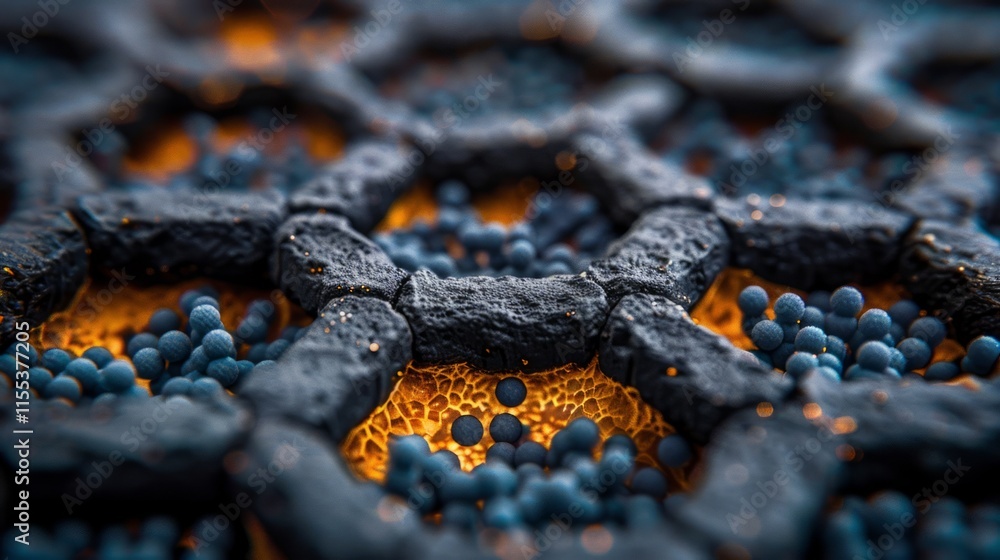 Poster microscopic view of dark hexagonal structures with glowing orange background and small blue spheres.