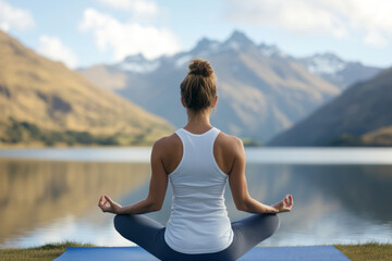 Fototapeta premium Woman meditating by mountain lake