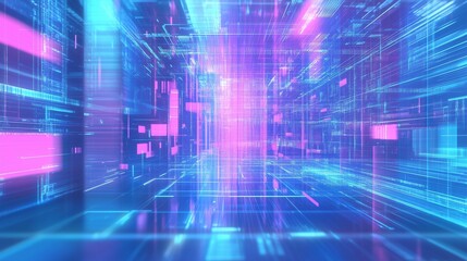 Obraz premium Abstract blue, mint and pink background with interlaced digital glitch and distortion effect. Futuristic cyberpunk design. Retro futurism, webpunk, rave 80s 90s cyberpunk aesthetic techno neon colors