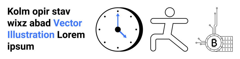 Clock with hands, text, stick figure in exercise pose, Bitcoin symbol connected to circuits. Ideal for tech blogs, finance articles, productivity apps, fitness apps, educational platforms, marketing