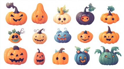 Vibrant Collection of Cute Decorative Pumpkins in Various Shapes and Sizes