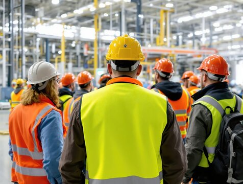 Visitors in Safety Gear Inside Industrial Facility
