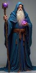 A full-body shot of a wizard in a blue robe with white hair and a beard holding a staff facing away from the camera against a gray background in a fantasy style.