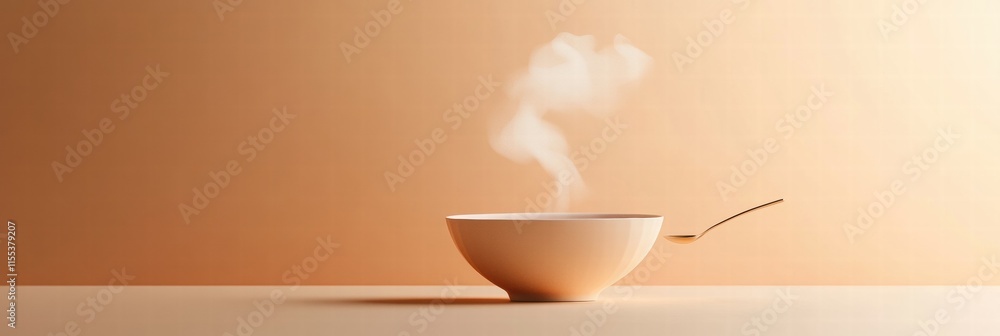 Leinwandbilder Warm and inviting soup bowl with steam curls and a spoon against a minimalist background. Generative AI