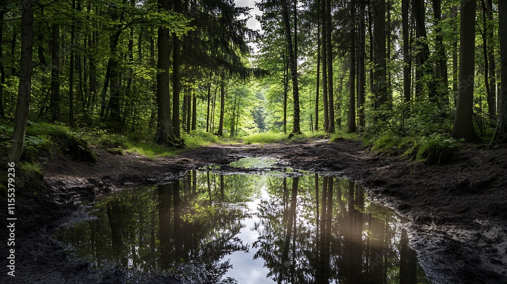 Poster Serene Forest Reflection with Lush Greenery and Peaceful Pond in Tranquil Natural Setting : Generative AI