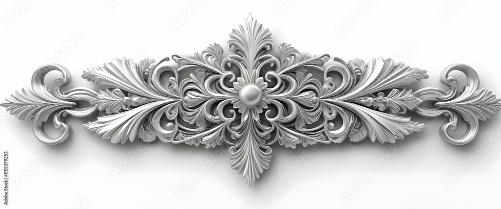 Poster a 3d rendering of an ornate silvercolored baroquerococostyle floral design element. intricate carvin