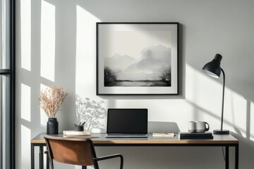 An elegant workspace setup featuring a framed artwork, laptop, and neat accessories, illuminated by natural light, perfect for modern productive work environments.