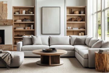 Obraz premium A spacious living room showcases a large sectional sofa, with a circular wooden coffee table and artistic centerpiece, highlighting modern home aesthetics.