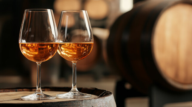 Wine tasting experience with two glasses of white wine in a rustic winery setting