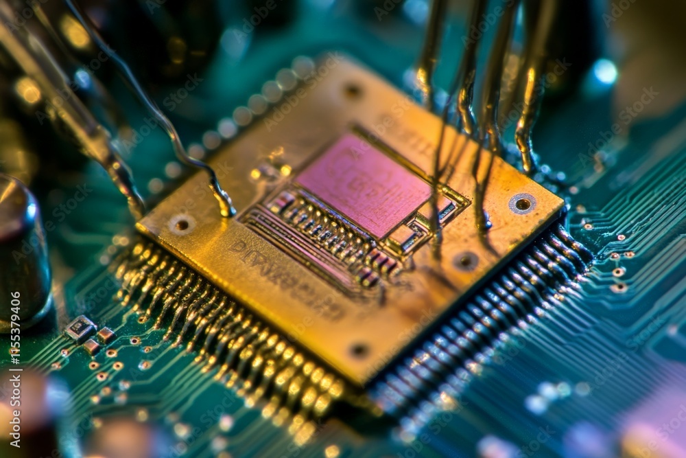 Leinwandbilder A close-up view of a microchip on a circuit board, featuring intricate detailing and various colored wires highlighting the complexity of technology today.
